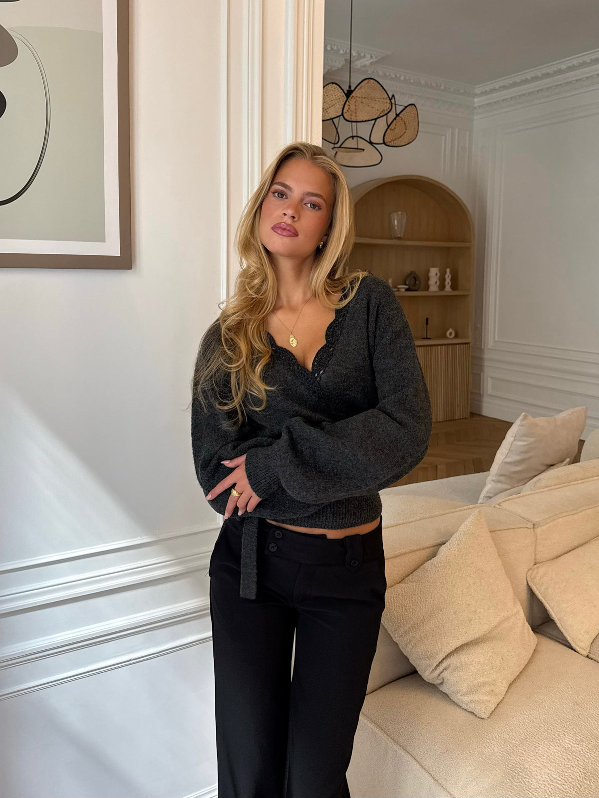 Wool crochet wrap cardigan - mørk grå
