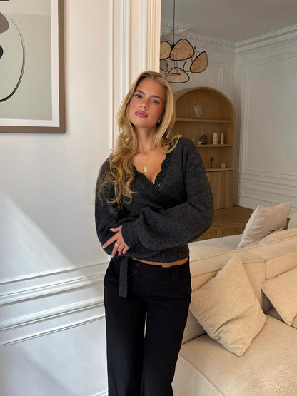 Wool crochet wrap cardigan - mørk grå