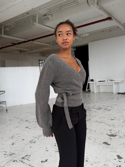 Wool blend wrap cardigan - lys grå/brun (forudbestilling)