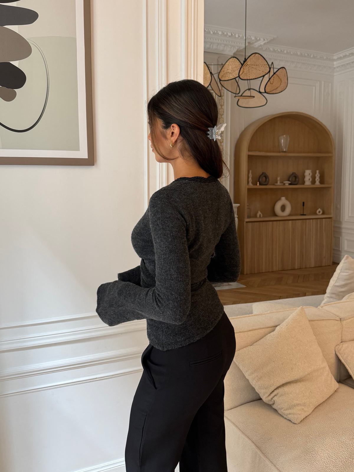 Wool crochet ballerina cardigan - mørk grå