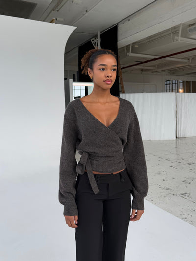 Wool blend wrap cardigan - mørk grå/brun