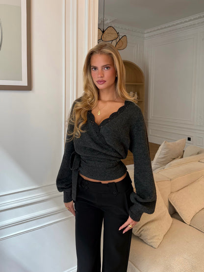 Wool crochet wrap cardigan - mørk grå
