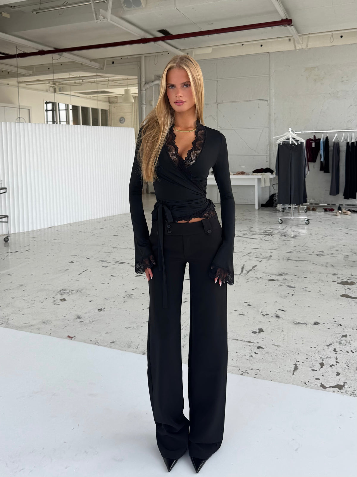 TALL Button low waist bukser - sort