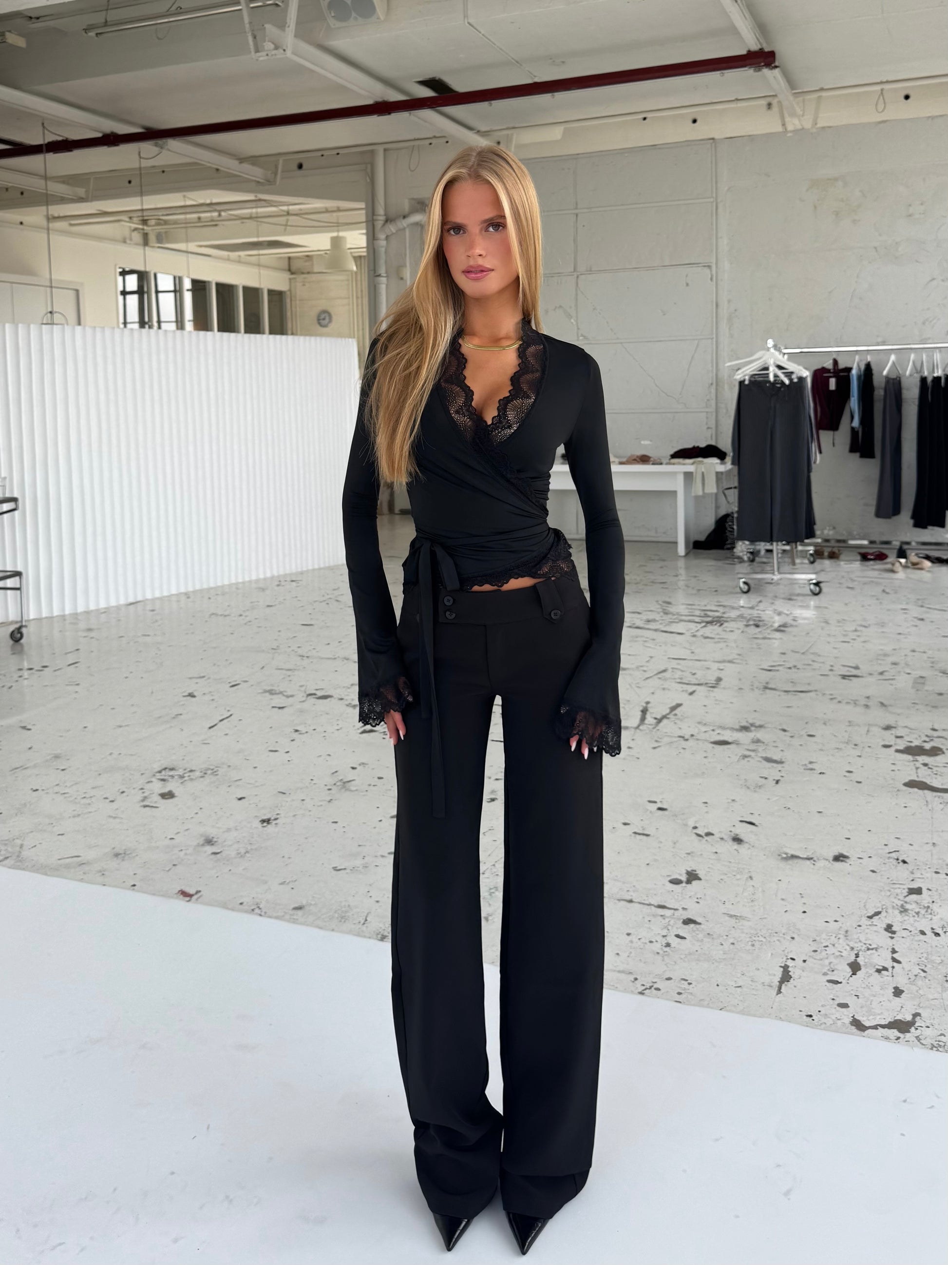 TALL Button low waist bukser - sort