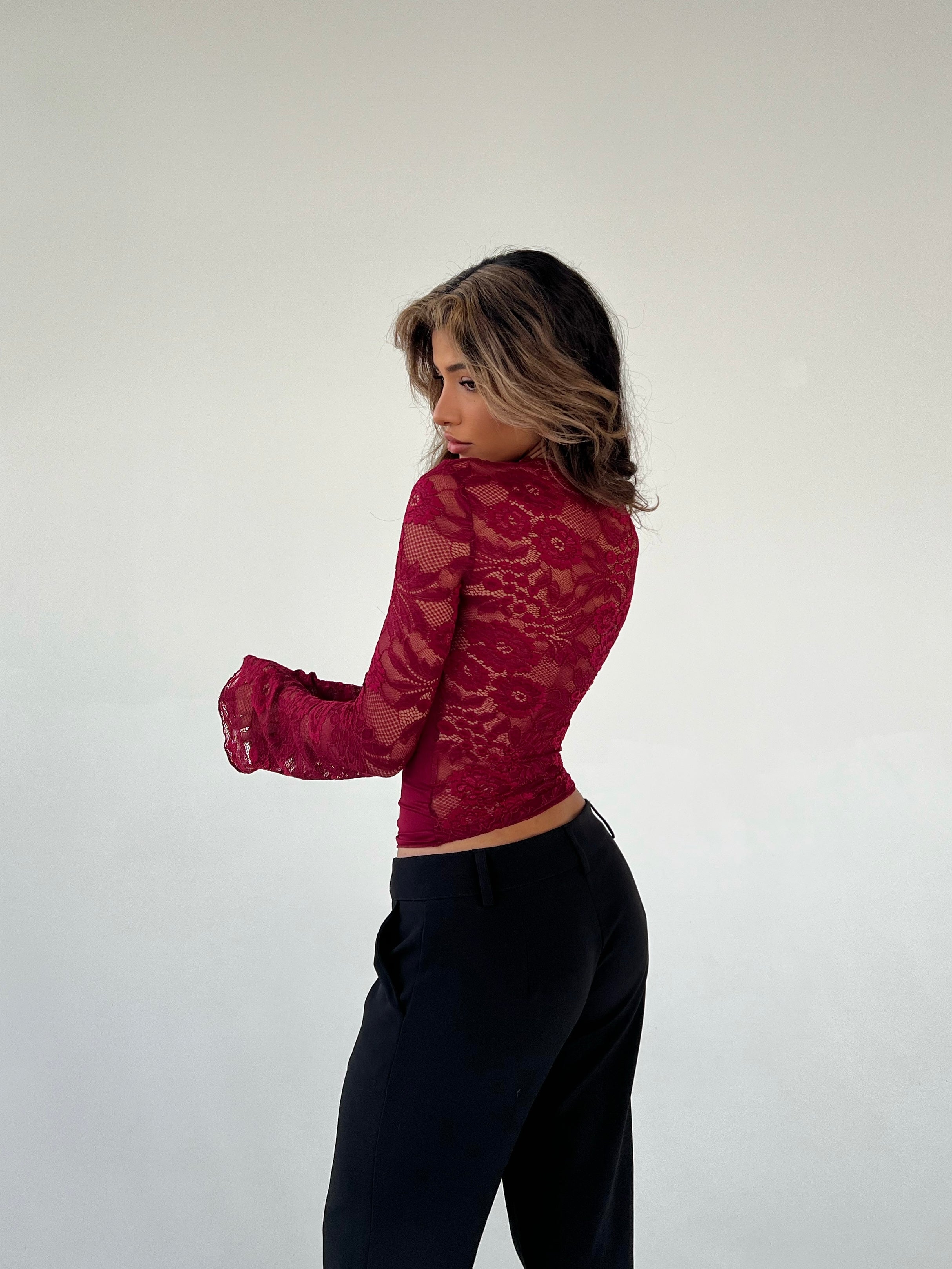 Lara lace long sleeve top - mørk rød – VENDERBY'S