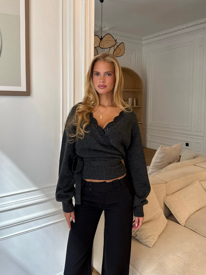 Wool crochet wrap cardigan - mørk grå