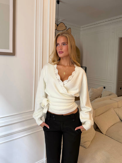 Wool crochet wrap cardigan -  hvid